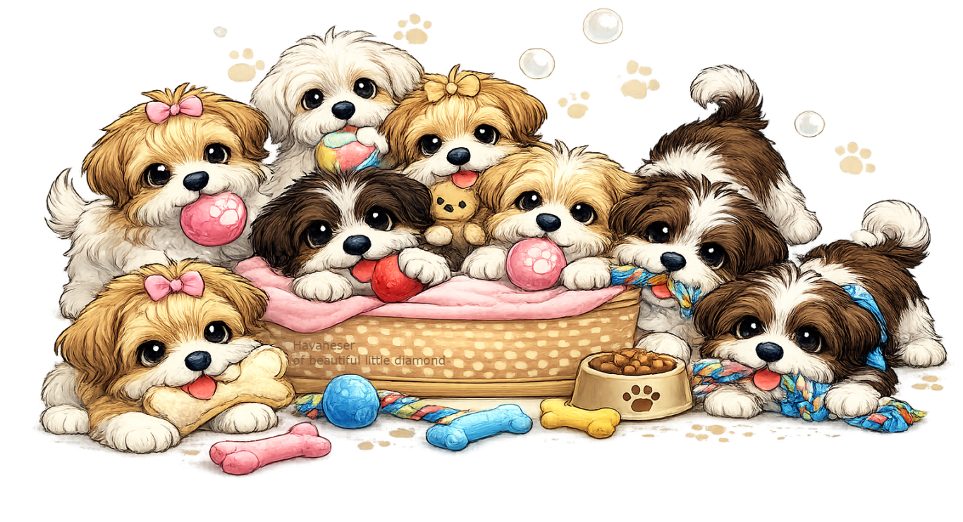 Eine Gruppe von niedlichen Welpen, die um einen Korb mit Spielzeug herumspielen.