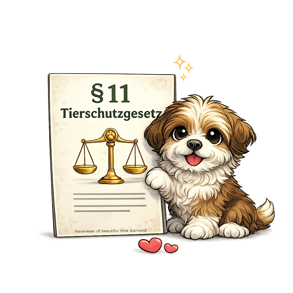 Ein süßer Hund präsentiert das Tierschutzgesetz § 11 mit einer Waage.