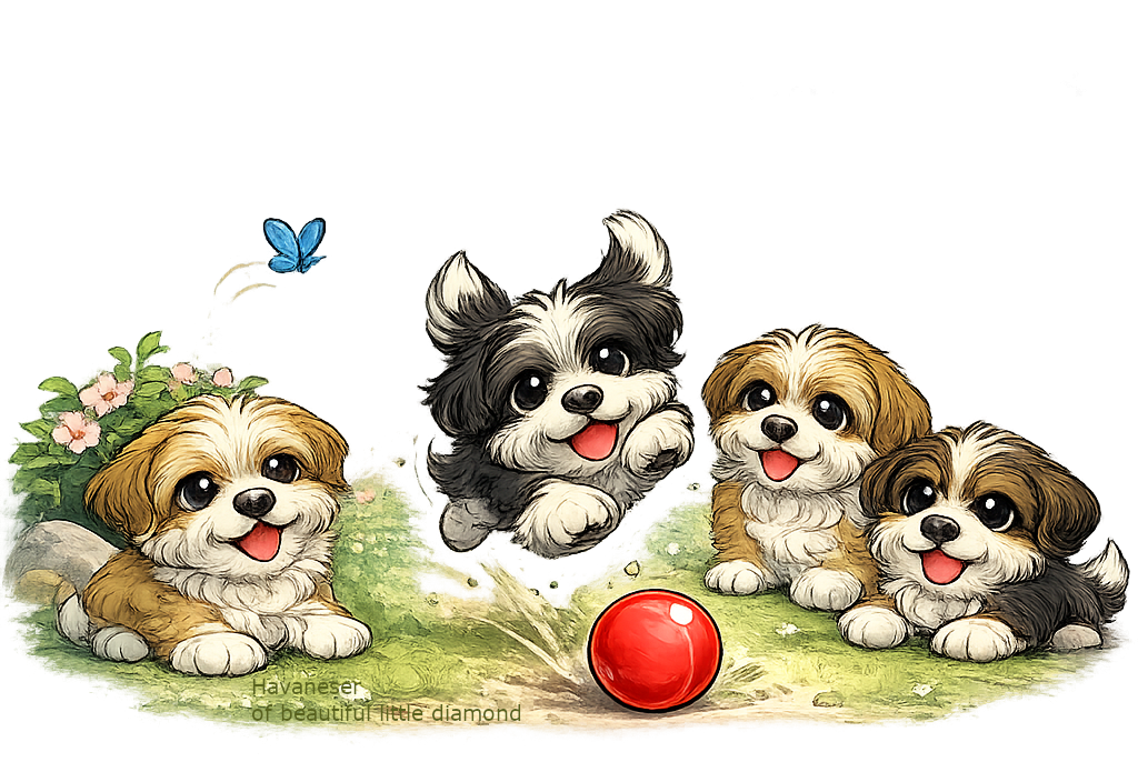 Vier niedliche Welpen spielen fröhlich mit einem roten Ball in einer blühenden Umgebung.