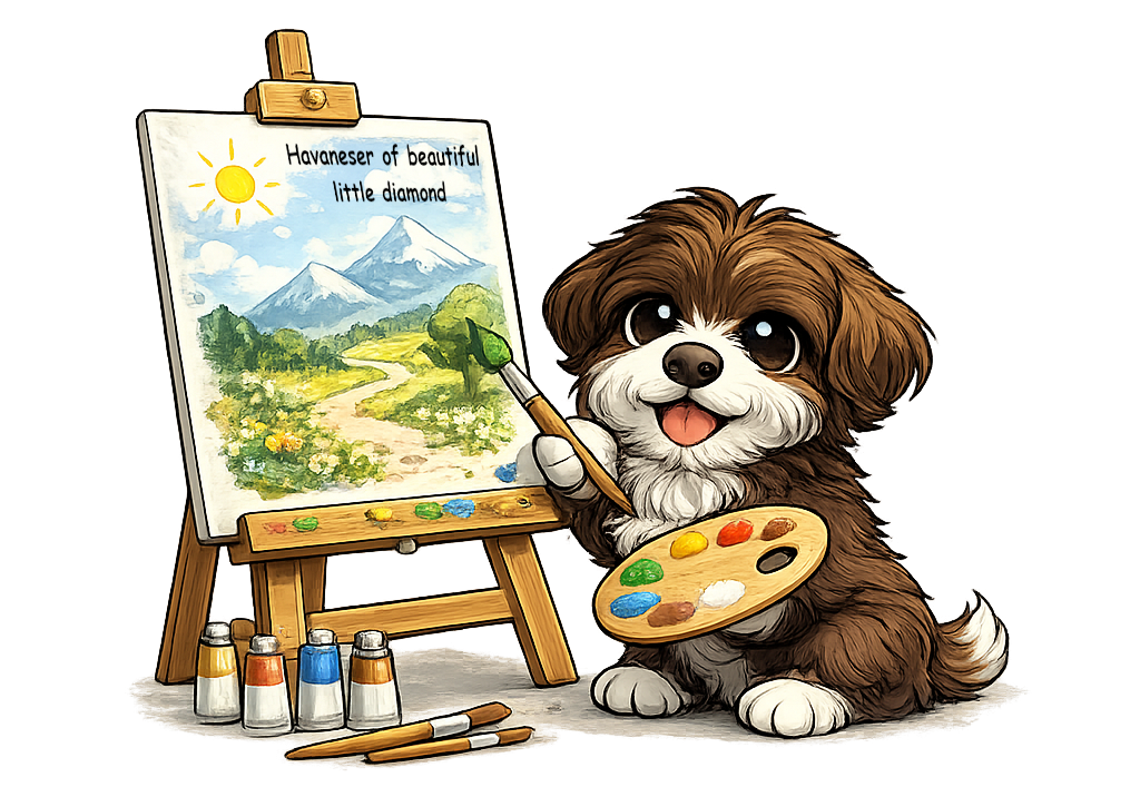 Ein niedlicher Hund malt eine Landschaft auf einer Leinwand mit Farbpalette.