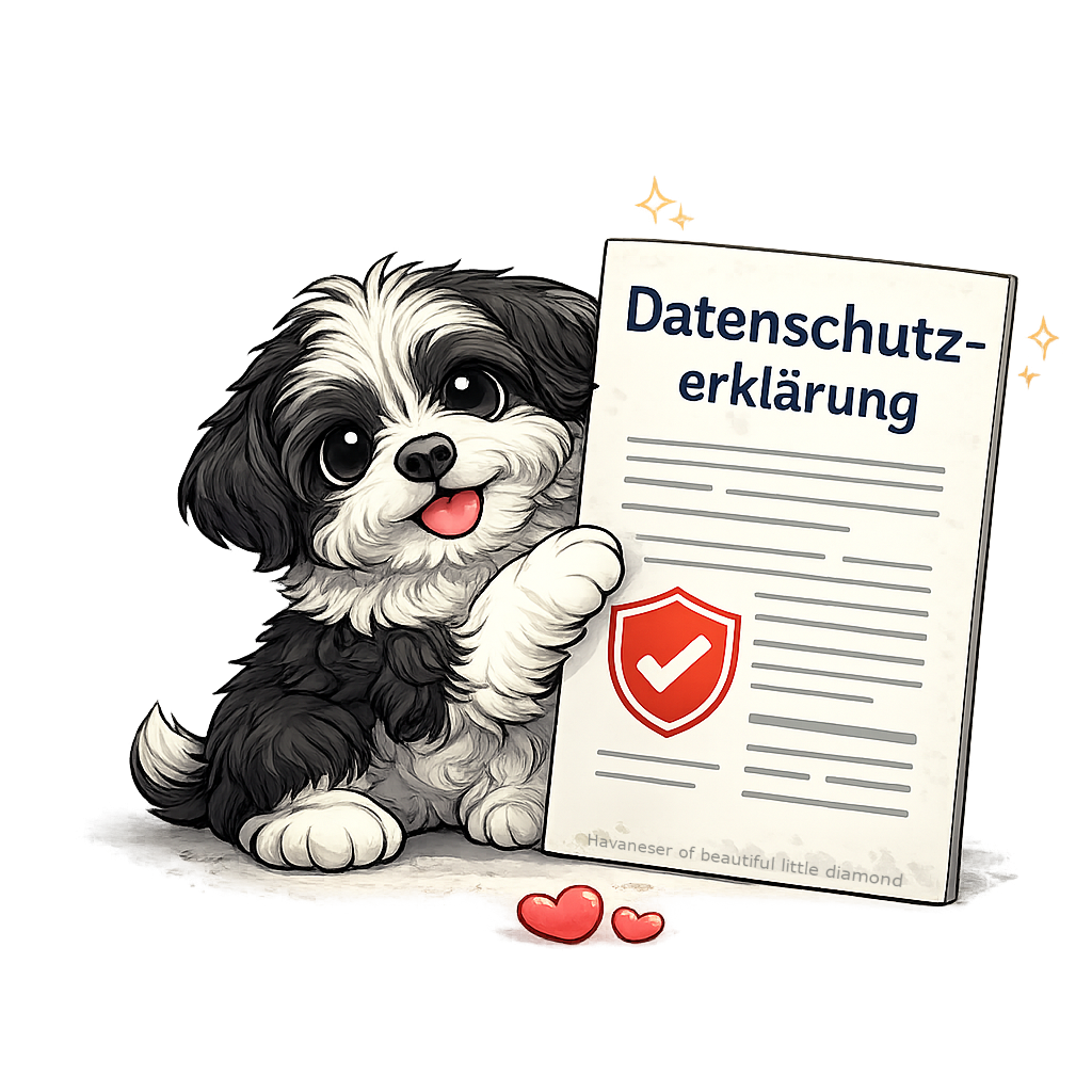 Ein niedlicher Welpe hält ein Blatt mit der Aufschrift "Datenschutzerklärung".