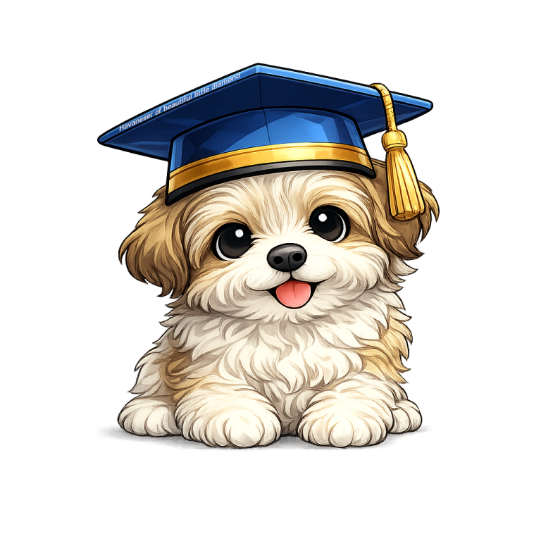 Ein niedlicher Hund mit einem Abschluss Hut lächelt freundlich.