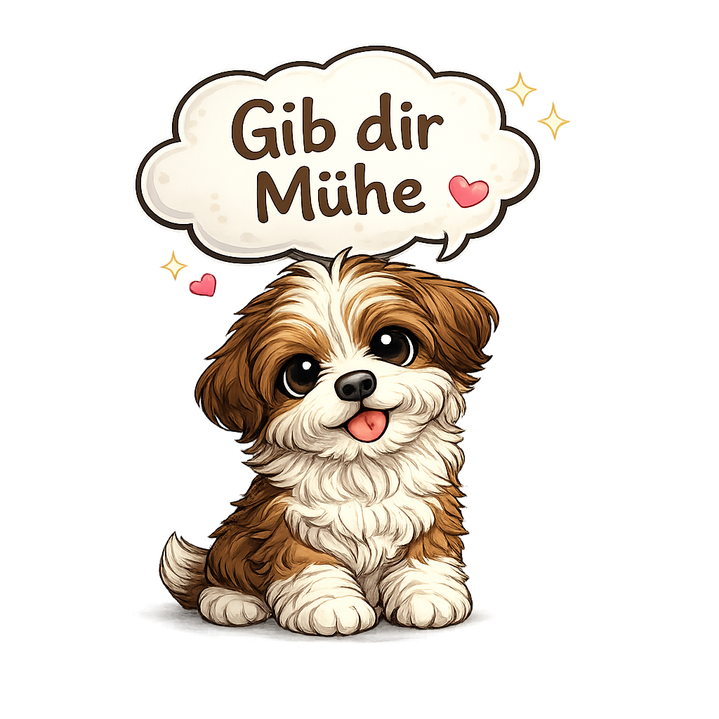 Ein niedlicher Hund mit Sprechblase: "Gib dir Mühe".