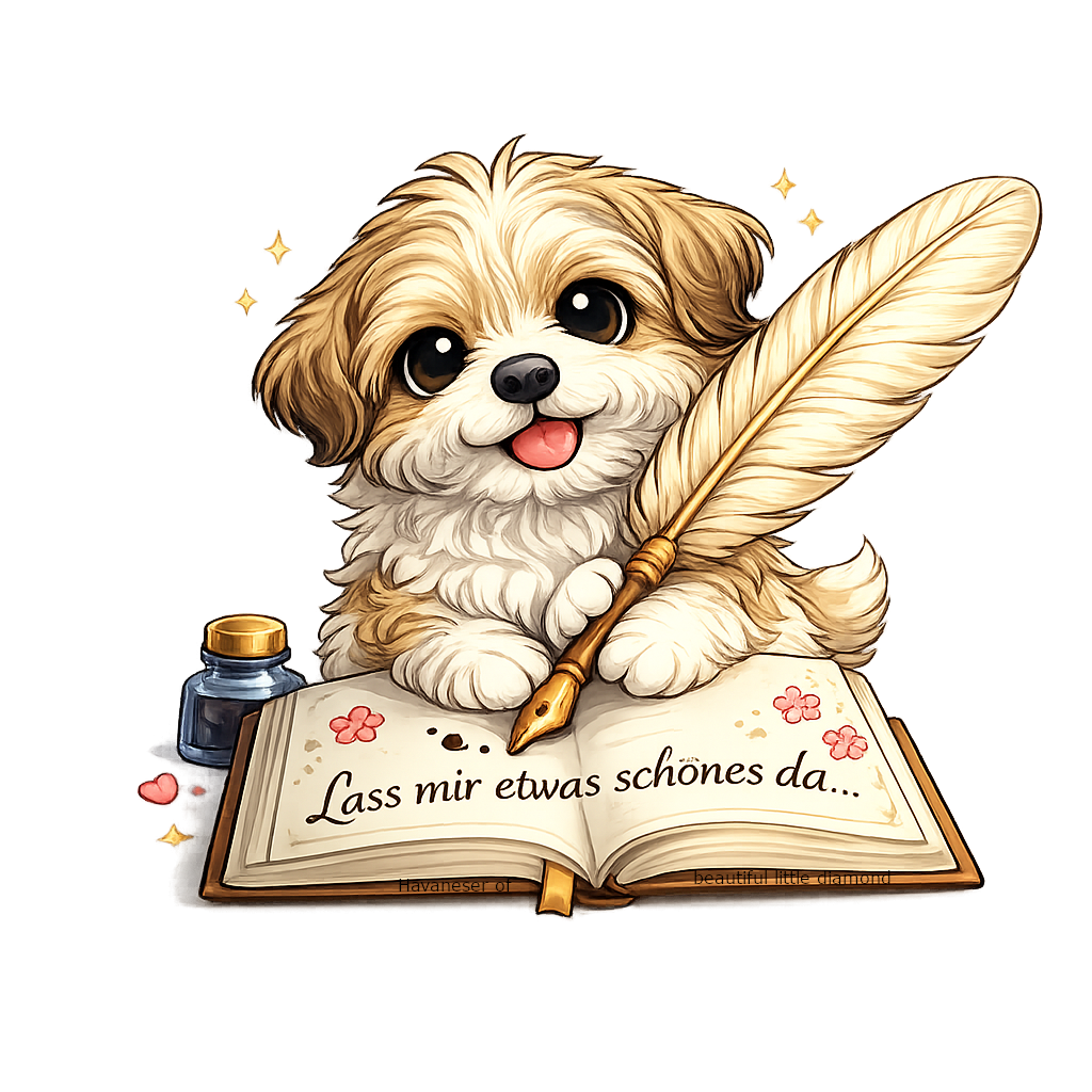 Kleiner Hund schreibt mit einer Feder in ein offenes Buch. Sterne und Blumen um ihn herum.